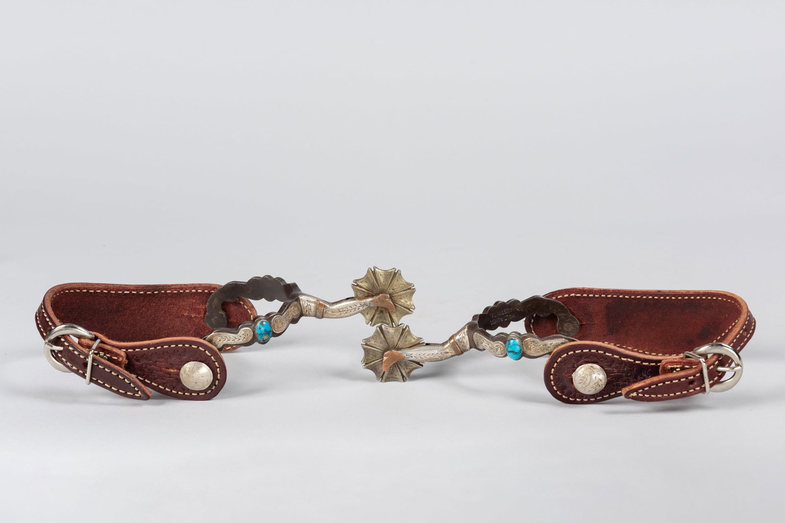 Pair of Walt Rambo (Austin, TX) "Gal Leg" Cowboy Spurs - Silver & Copper Overlay with Turquoise: An outstanding, highly collectible pair of custom western cowboy spurs by the late, revered Texas master Walt Rambo (1934-2017). Handcrafted, these spurs feature a classic, sought-after "Gal Leg" shan