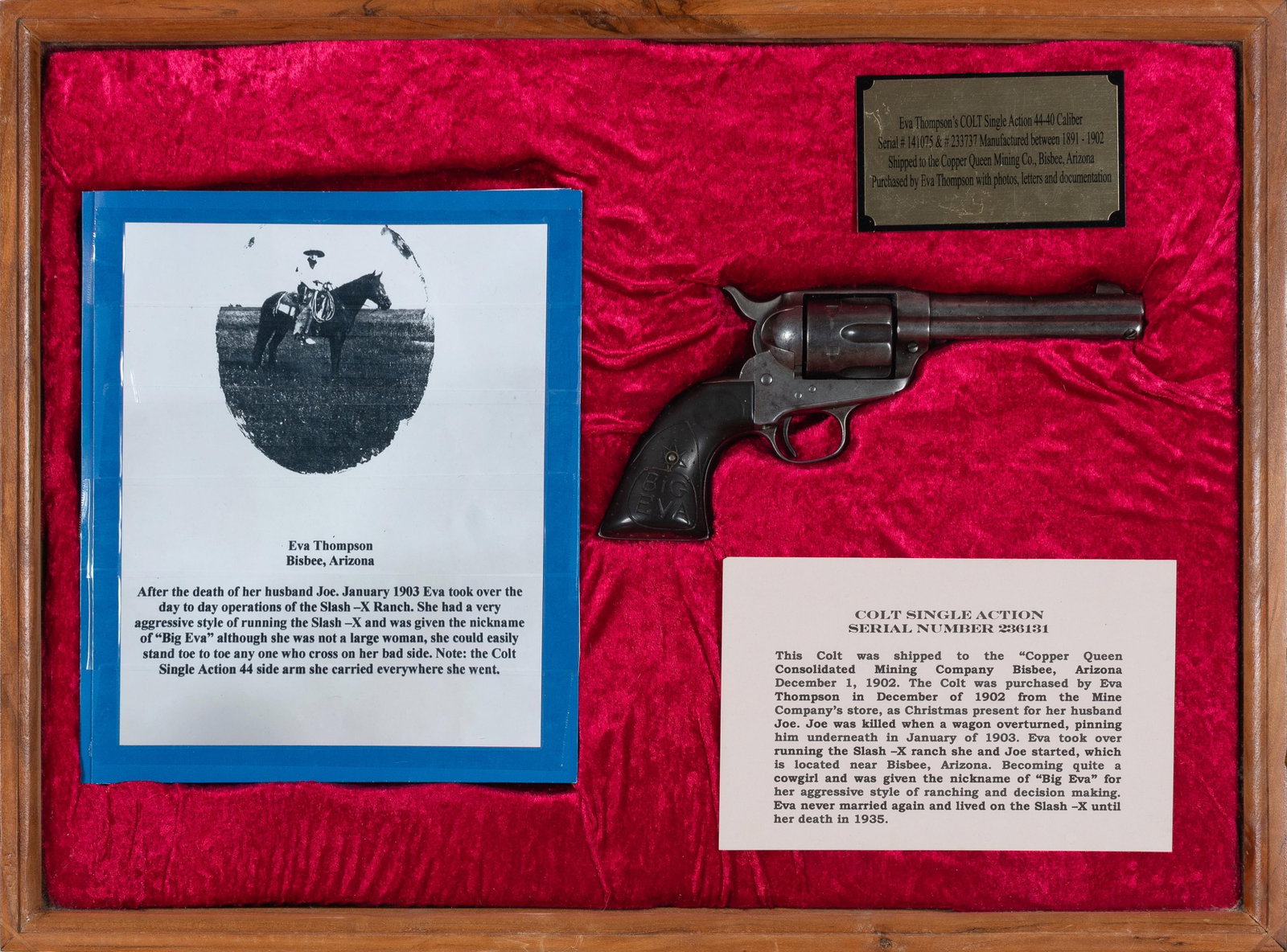 Colt SAA .44 Caliber Revolver & Display Belonging to Famed Bisbee, AZ Rancher "Big Eva" Thompson (1 of 11)