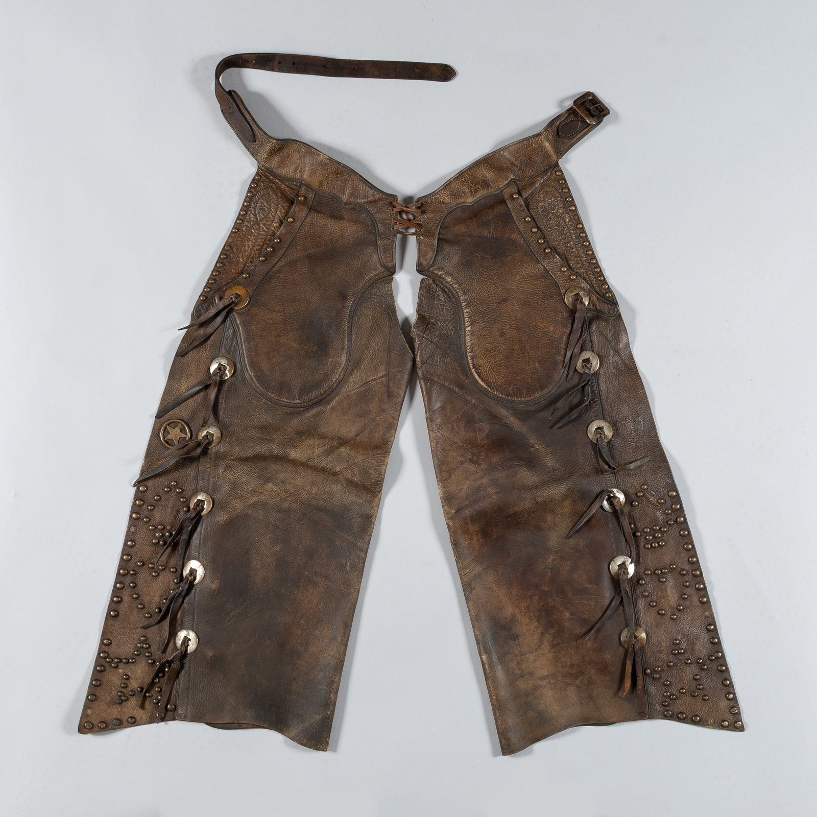 Vintage Studded Leather Batwing Cowboy Chaps with Silver Conchos (1 of 3)