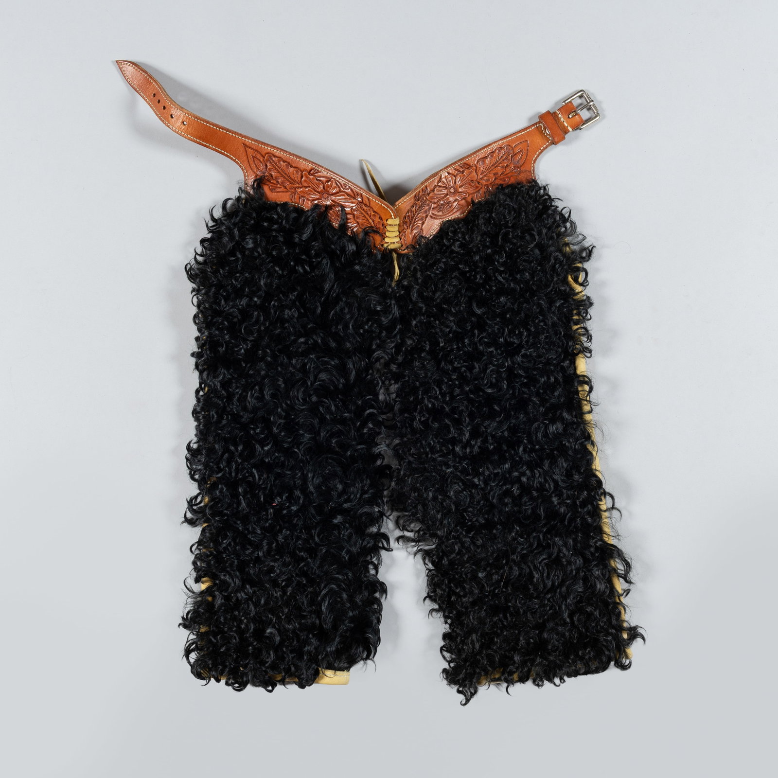 Kids' Black Woolly Chaps with tooled Brown Leather Belt (1 of 3)