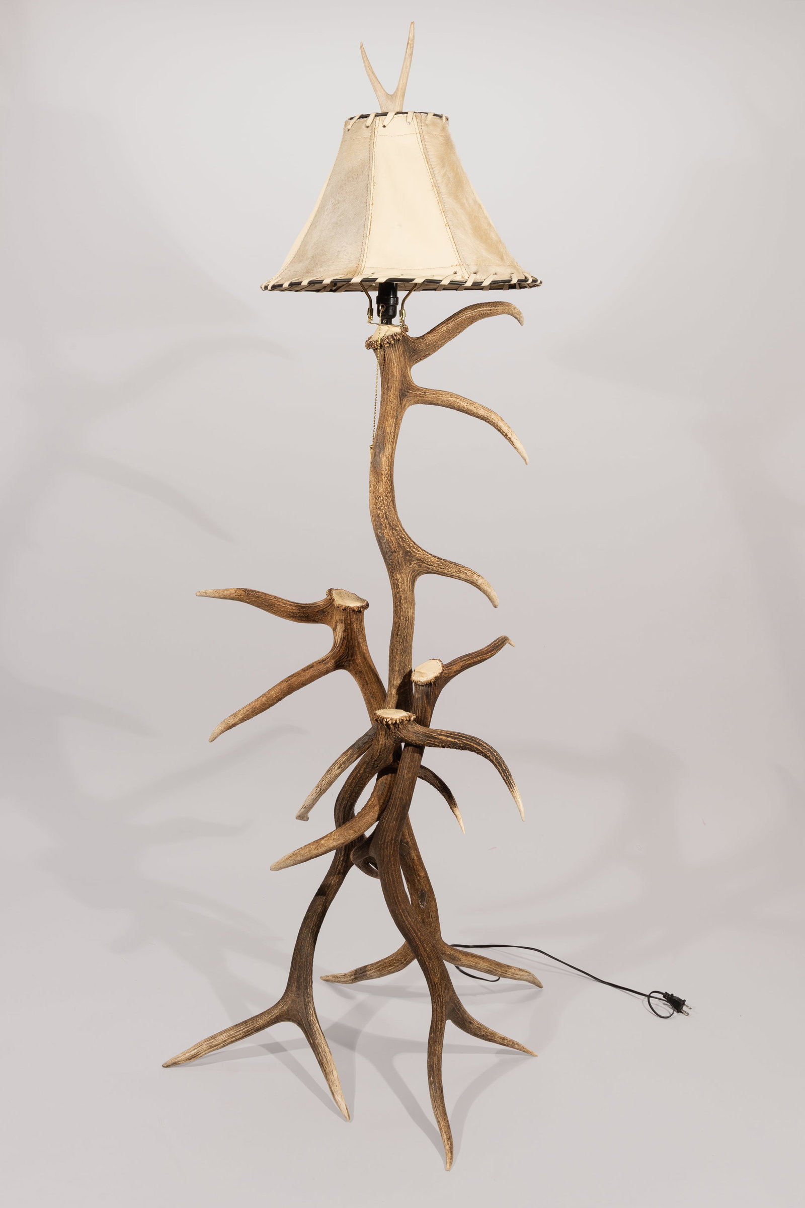 Antler Floor Lamp with Custom Leather and Cowhide Shade (1 of 3)