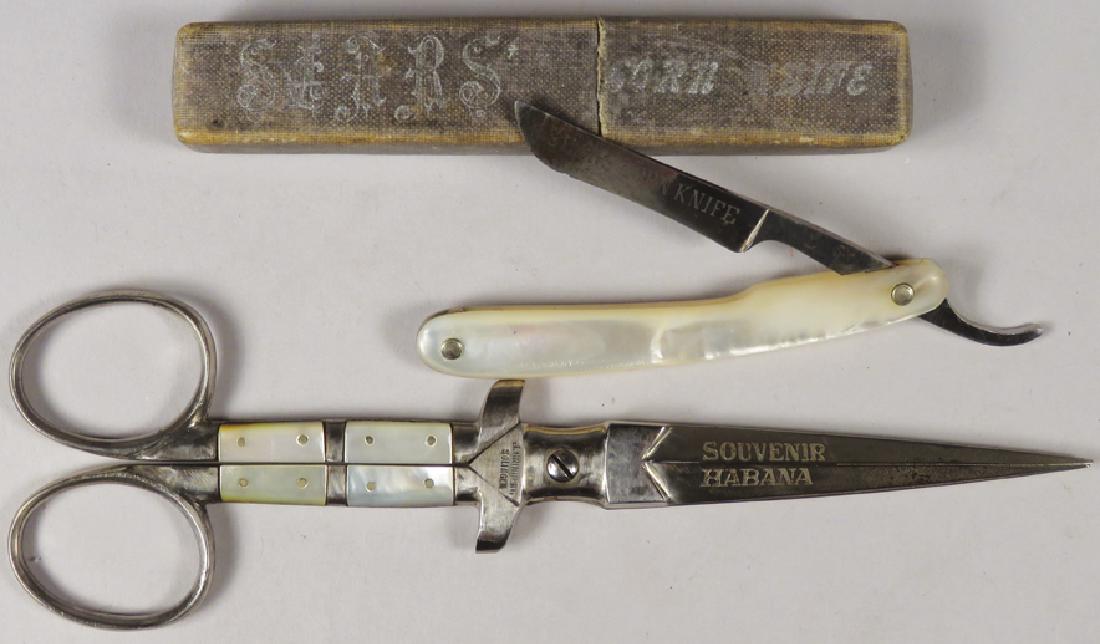 Two Mother of Pearl Cutlery Tools: Two Mother of Pearl Cutlery Tools. Sears Corn Knife with Mother of Pearl handle in original box. Souvenir of Habana Mother of Pearl handled scissors. J. Grinberg-Solingen makers. Scissors measure 6 1/