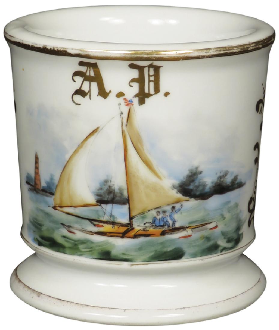 Occupational Shaving Mug Sail Boat: Occupational Shaving Mug Sail Boat. A.P. initials depicting catamaran sail boat. No chips or cracks.