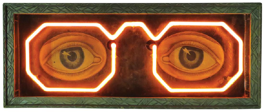 Early Neon Optometrist Trade Sign: Early Neon Optometrist Trade Sign. Original carved boxed frames with hand painted background. Very good original condition. 23 1/2 X 9 1/2 X 6 3/4 inches.