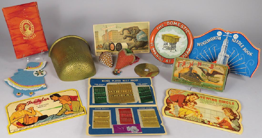 Collection of Early Sewing Items: Collection of Early Sewing Items. 7 needle books, thimble wall pocket, 2 strawberry beaded pin cushions, Willimatic Thread trade card, brass implement and The "Domestic" sewing maching tin tip tray. T
