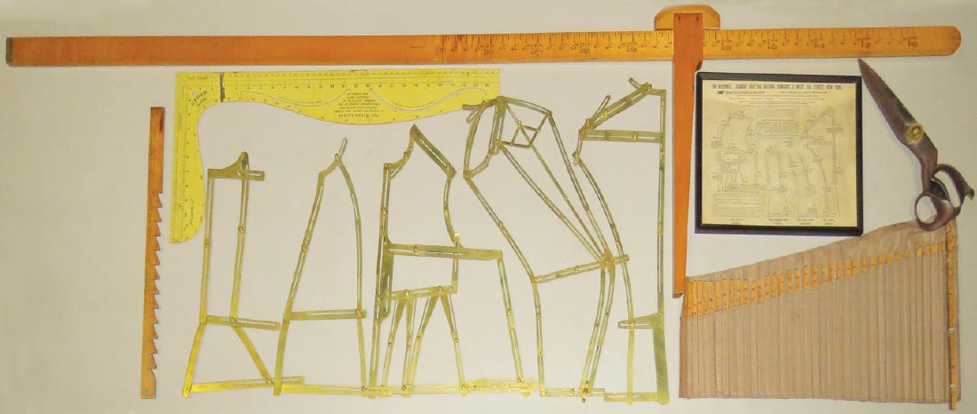 Collection of Sewing Measurement Tools: Collection of Sewing Measurement Tools. 19 hand wood measure, McDowell Garment Drafting Machining Co. brass pattern making tools and instructions, Large sheers, wood tape measure set in linen roll and