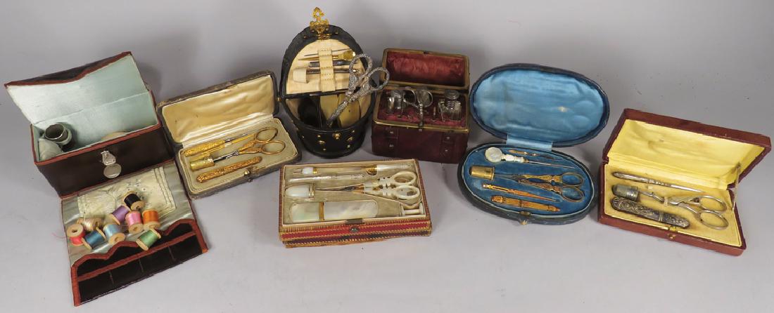 Collection of Nineteenth Century Sewing Kits: Collection of Nineteenth Century Sewing Kits. 7 beautiful kits in leather bound boxes. Gold and silver gilt and mother of pearl implements. All in complete condition. Jeweled picnic basket style measu