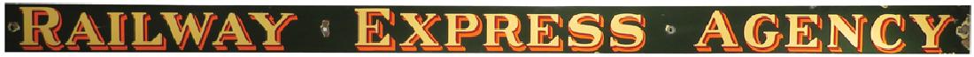 Railway Express Agency Porcelain Sign: Railway Express Agency Porcelain Sign. Couple of chips otherwise good condition. 84 X 4 inches.