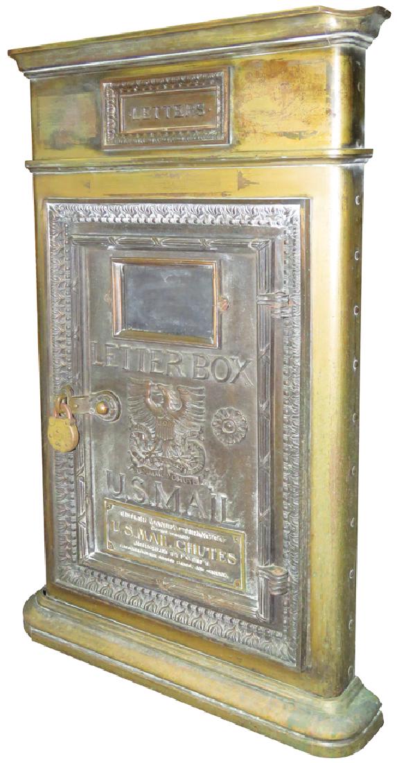 US Mail Chutes Letter Box Receptacle: US Mail Chutes Letter Box Receptacle. The Cutler Mfg. Co. Rochester, NY. Comes with padlock "Street Letter Box Lock US 25". All brass with eagle and shield "POD" front décor. Large commercial size. 2
