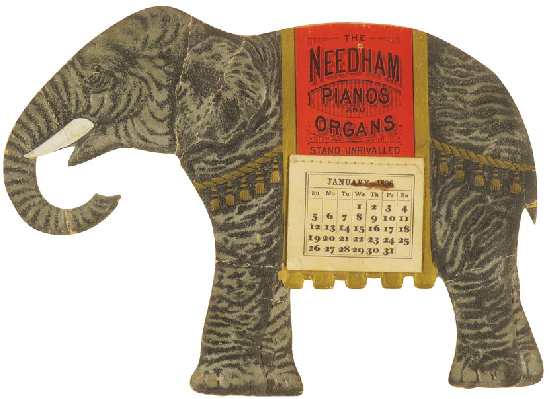 1896 Die Cut Calendar for Neeham Pianos: 1896 Die Cut Cardboard Stand Up Calendar for Neeham Pianos and Organs. Full pad. Repairs at neck and trunk otherwise good condition. Framed under glass. 8 1/4 X 6 inches image only.