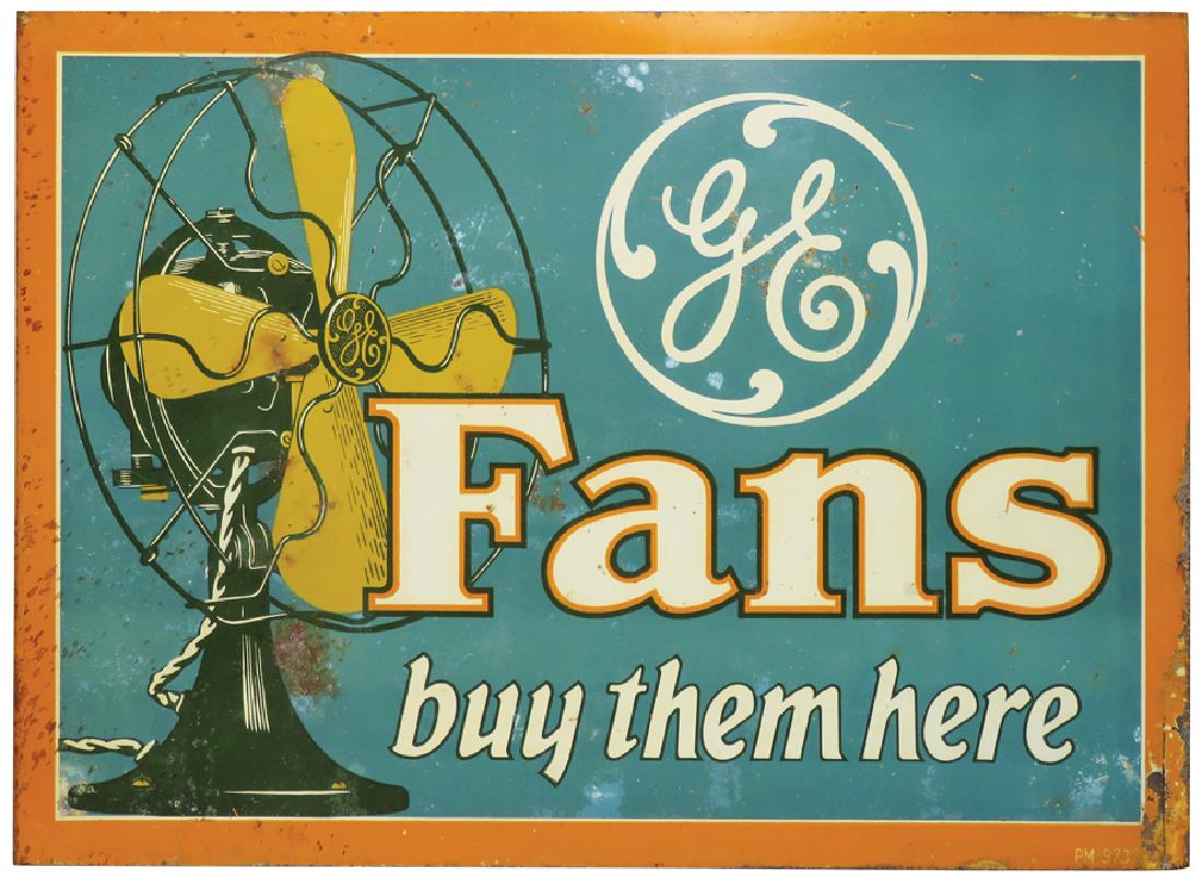 General Electric Fans Tin Flange Sign: GE Fans Tin Flange Sign. Rust at outside corner edge otherwise fair to good condition. 16 X 11 1/2 inches.