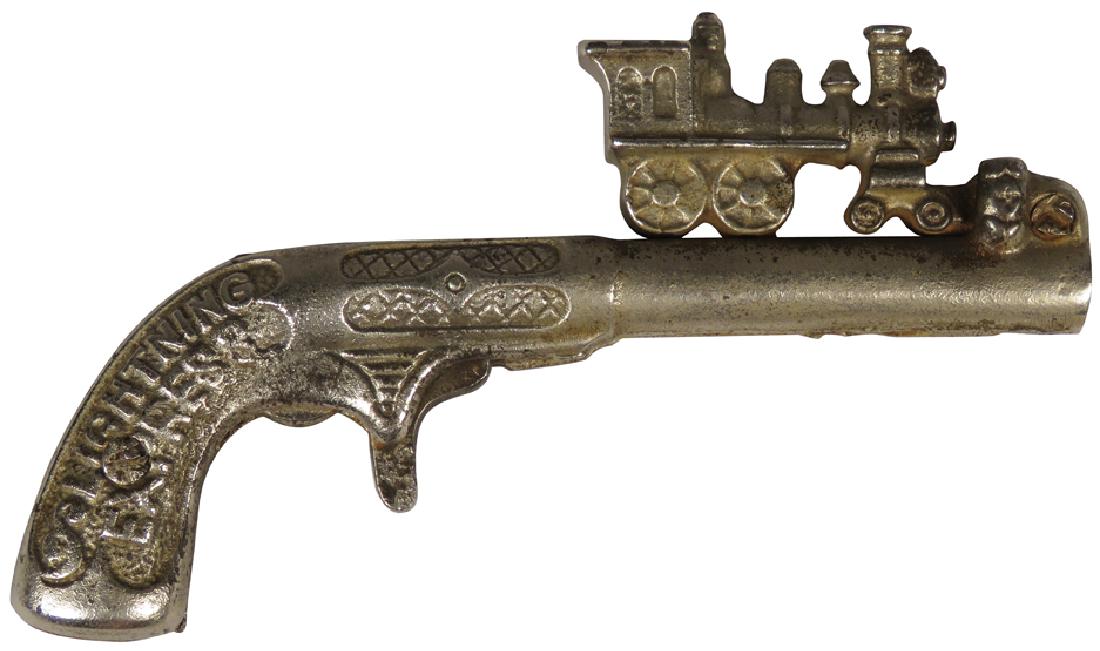 Cast Iron Cap Gun, Lightning Express: Cast Iron Cap Gun, Lightning Express with animated train. Train runs down the barrel to strike cap. Mfg. by Kenton, ca. 1890. 5 inches long.