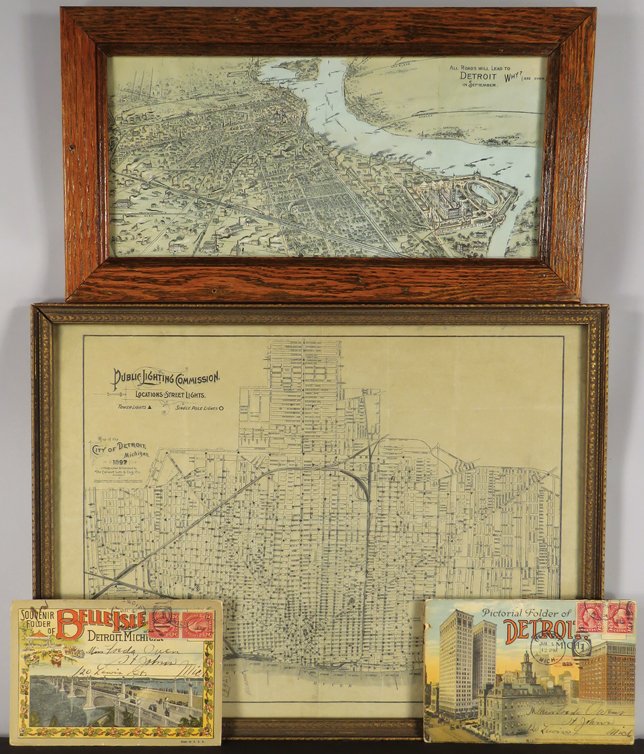 Collection of Detroit Ephemera: Collection of Detroit Ephemera. 1897 Public Lighting Commission, location of street lights. "All Roads Lead to Detroit" artist rendition aerial view. Belle Isle and Detroit Souvenir Pictorial Folders 
