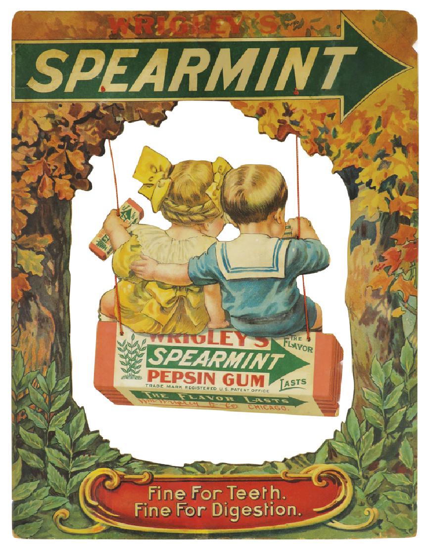 Wrigley's Spearmint Pepsin Gum Sign: Wrigley's Spearmint Pepsin Gum Die Cut Cardboard String Hanging Sign. Slight discoloration at top otherwise very good condition. Framed under glass. 11 X 14 inches image only.