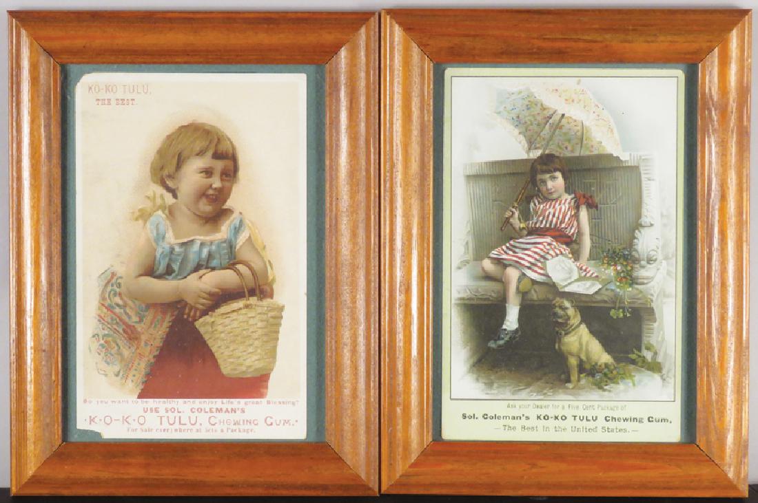 Ko-Ko Tulu Chewing Gum Trade Cards: Ko-Ko Tulu Chewing Gum Trade Cards, both depicting children. Edgewear and missing corners otherwise good condition. Framed under glass. 4 X 6 1/2 inches image only.