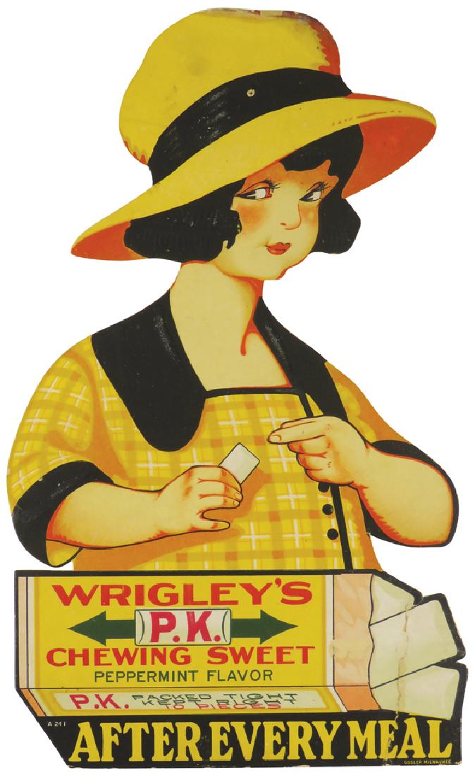 Wrigley's P.K. Peppermint Gum Cardboard Sign: Wrigley's P.K. Peppermint Gum Die Cut Cardboard Sign. Edgewear and repaired tear bottom right. Framed under glass. 9 X 14 1/2 inches image only.
