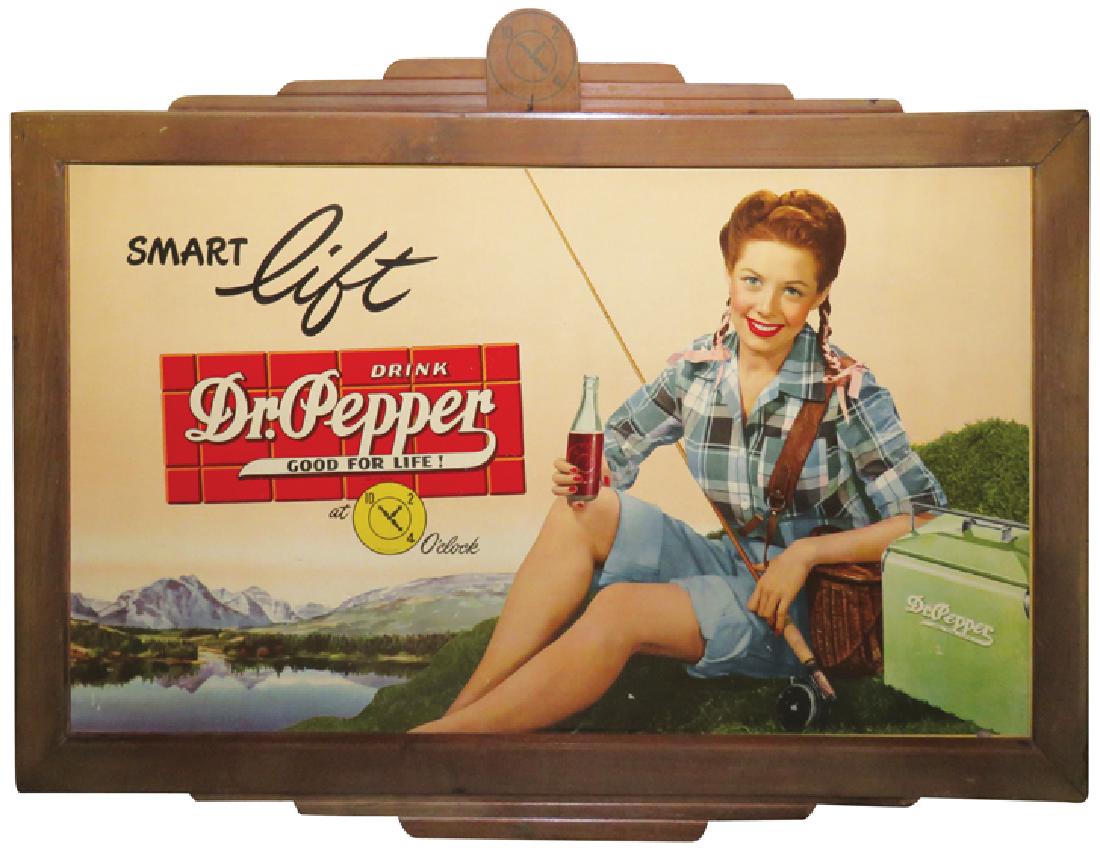 Dr. Pepper "Smart Lift" Cardboard Sign: Dr. Pepper "Smart Lift" Cardboard Sign in original framE Depicting young lady fishinG Very good condition. 51 X 40 inches.