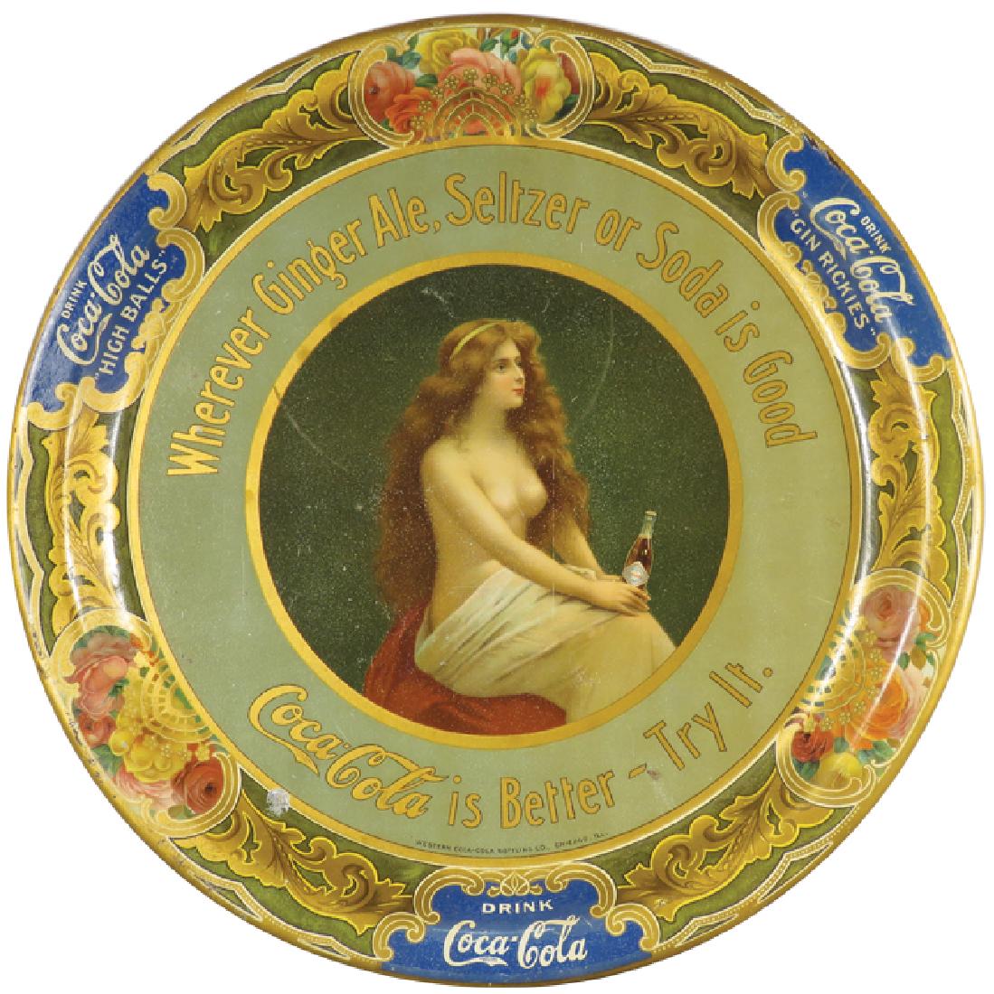 Western Coca-Cola Bottling Co. Topless Tray: Western Coca-Cola Bottling Co. Topless Tin Serving Tray. Normal crazing, scratch at 8:00 otherwise good condition. 12 1/4 inch diameter.