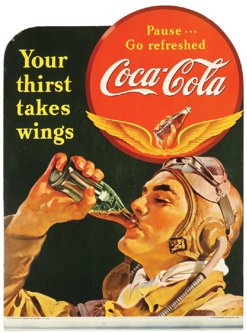 1941 Coca Cola Die Cut Cardboard Poster: Very Rare 1941 Coca Cola Die Cut Cardboard Poster. Coca Cola Company of CanadA Depticting Pilot. Minor edgewear otherwise excellent condition. Framed under glass. 12 1/2 X 16 3/4 inches.