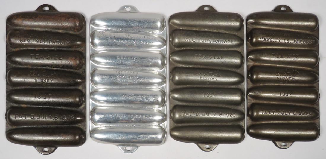 Four Wagner Ware Krusty Korn Kob Pans: Four Wagner Ware Krusty Korn Kob Pans. 3 cast iron and 1 aluminum, patent date 1920. 8 1/2 inches widE