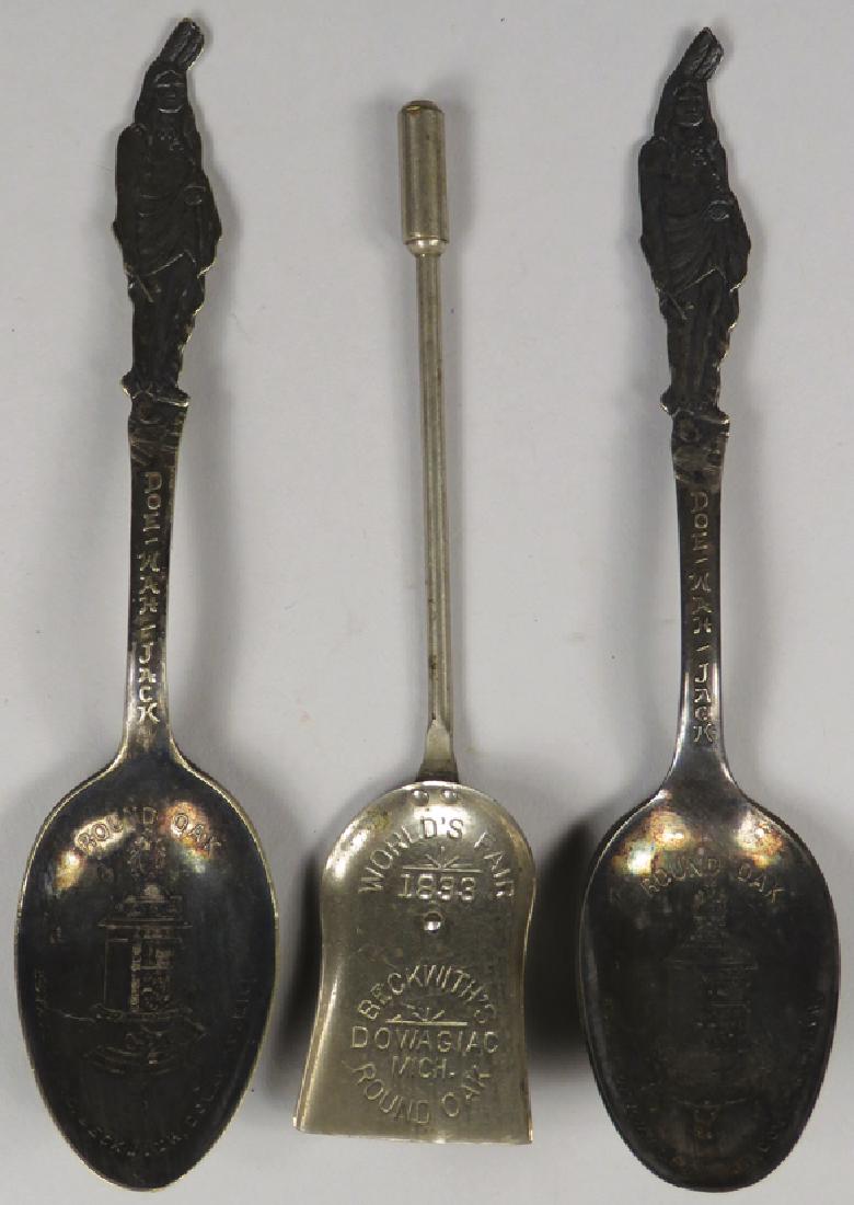 Round Oak Stove Souvenir Spoons: Round Oak Stove Souvenir Spoons. Two with Doe Wah Jack Indian and 1893 World's Fair Coal Shovel. Tallest measures 6 inches lonG