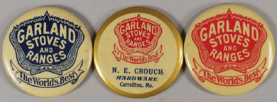 Garland Stoves and Ranges Pocket Mirrors: Garland Stoves and Ranges Celluloid Pocket Mirrors. One mirror missing and the other two have some silver loss and rust. Approx.. 1 3/4 inch diameter.