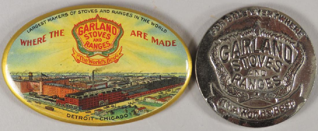 Garland Stoves and Ranges Pocket Mirrors: Garland Stoves and Ranges Pocket Mirrors. Embossed aluminum and celluloiD Both in excellent condition. Smallest 1 3/4 inch diameter.
