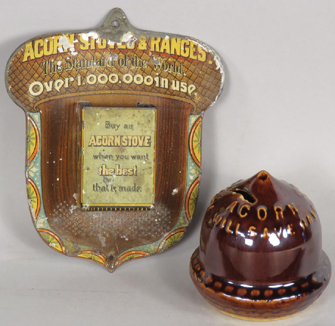 Acorn Stoves and Ranges Advertising Items: Acorn Stoves and Ranges Advertising Items. Tin litho math holder, edgewear and chips, 4 1/2 X 5 1/2 inches. Ceramic bank, no chips or cracks, 3 inches tall.