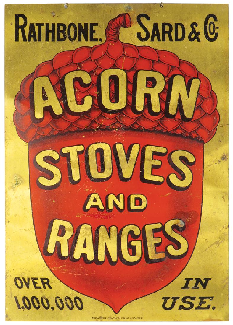 Acorn Stoves and Ranges Chain Hanging Sign: Acorn Stoves and Ranges Metal Chain Hanging Sign. RathbonE Sard & Co. Light touch up and stains. 7 X 10 inches.