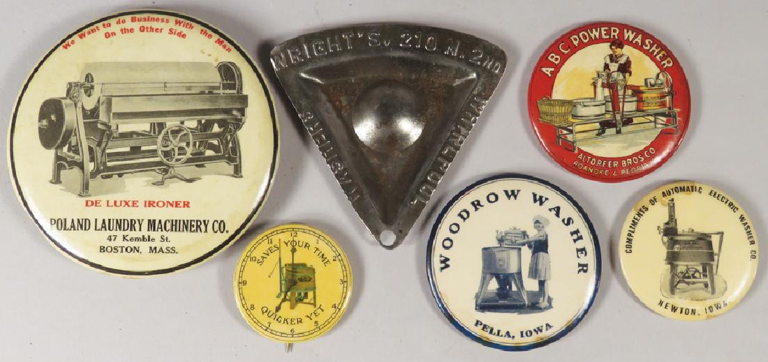 Collection of Laundry and Washer Items: Collection of Laundry and Washer Advertising Items. Celluloid items include pin "Saves time", pocket mirrors for ABC Washer, Automatic Electric Washer Co and Woodrow Washer, mirror/paperweight for Pol