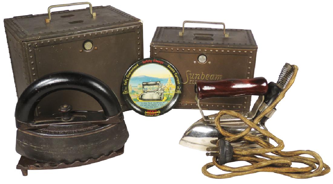Collection of Iron Items: Collection of Iron Items. Enterprise sad iron with trivet in a Sunbeam tin casE Sunbeam electric iron in original embossed tin case, cA 1925 and Best Automatic Electric Iron tin tip tray. Overall very