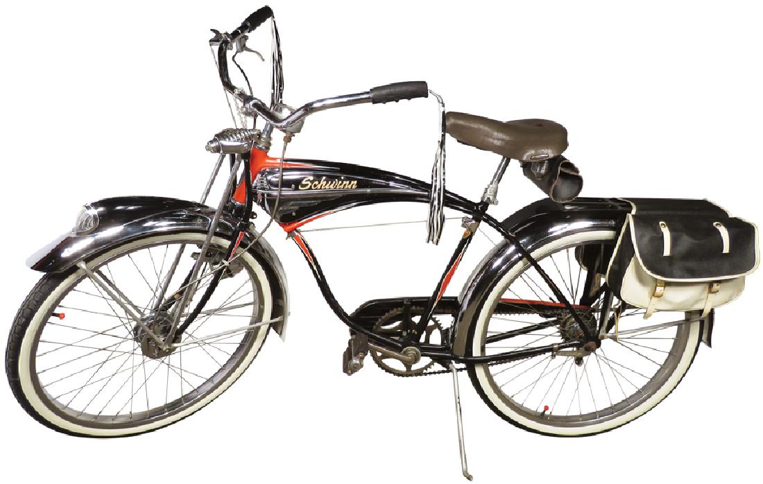 1950's Men's Schwinn Bicycle: Men's Schwinn Bicycle, cA 1950. Comes with head light, grip tassels, seat pack, saddle bags and siren. All decked out in excellent condition.