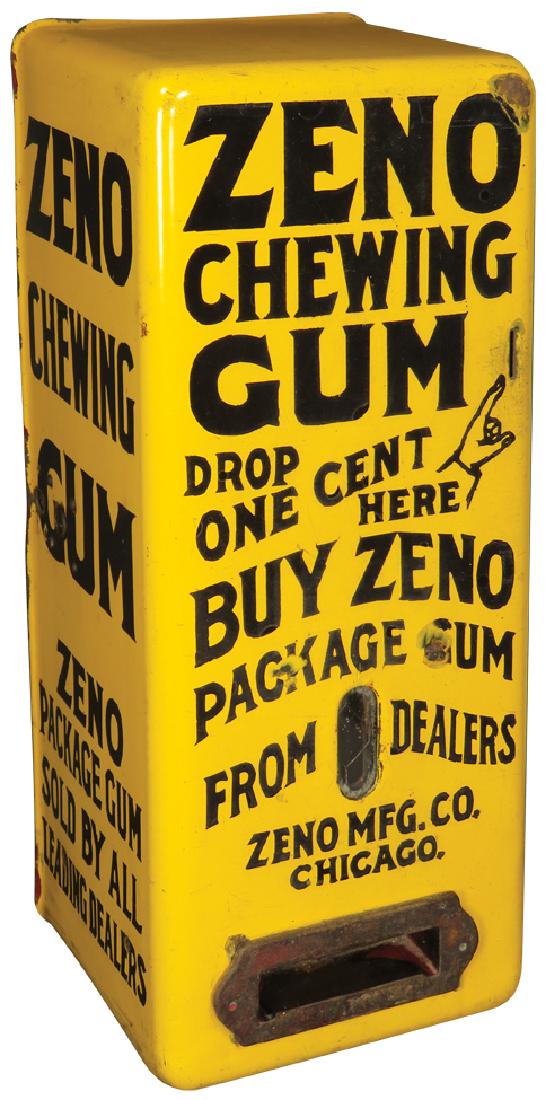 Zeno Chewing Gum Yellow Porcelain Dispenser: Zeno Chewing Gum Yellow Porcelain Dispenser. Zeno MfG Co. Chicago. Couple chips on front. No key, but open. 7 X 16 1/2 X 5 1/2 inches.