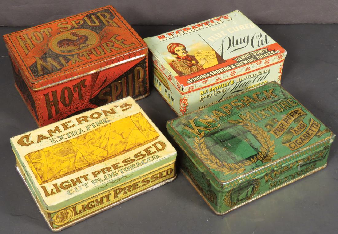 Four Square Corner Tobacco Tins: Four Square Corner Tobacco Tins. Cameron's Light Pressed (restored), BF Gravely's Plug Cut, Hot Spur Mixture and Knapsack MixturE Overall fair to good condition.