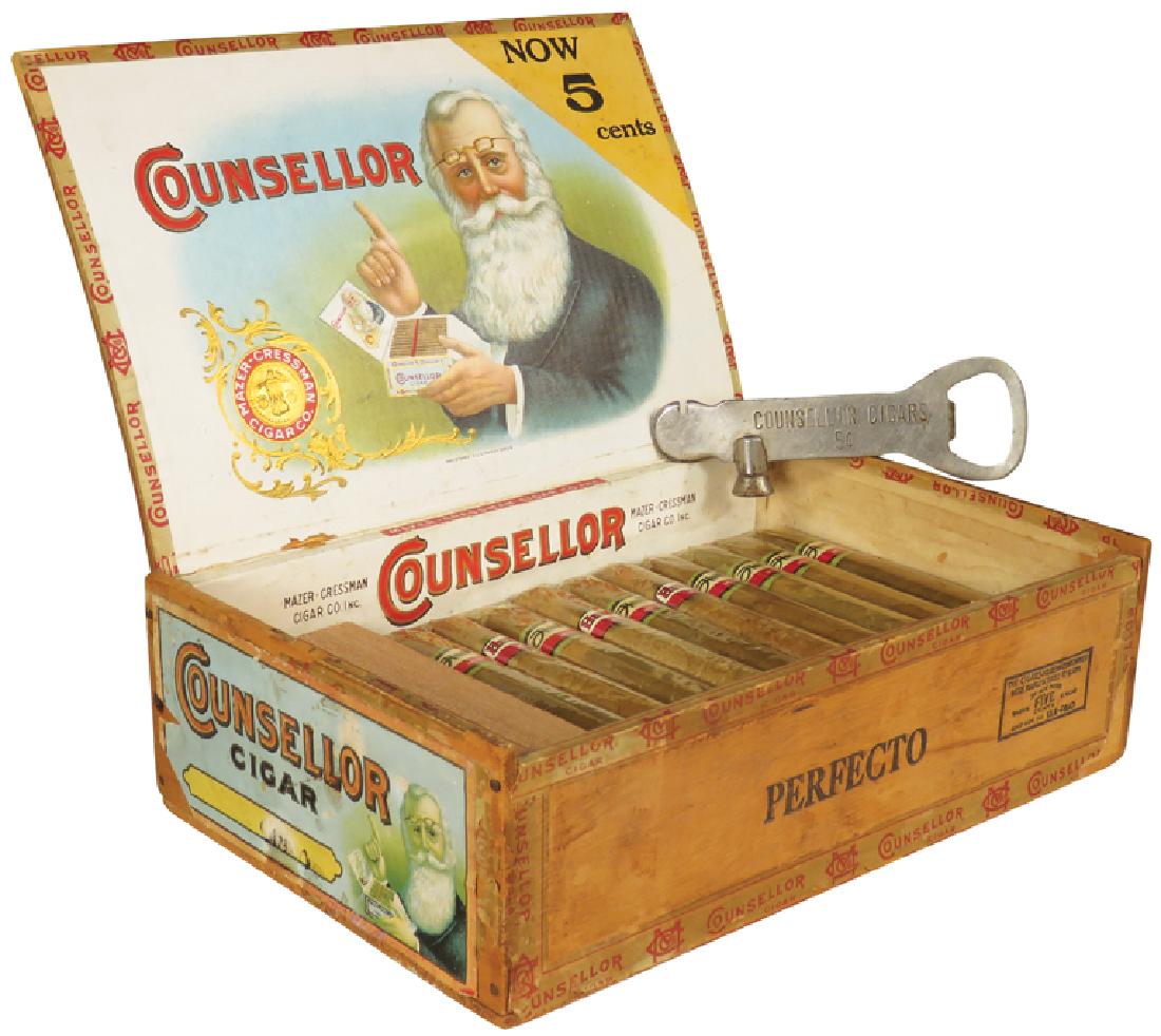 Counsellor Cigars Box and Opener, Detroit: Counsellor Cigars Box and Opener, Detroit. Mazer-Cressman Cigar Co. Some paper loss otherwise good condition. Box measures 9 X 3 X 5 1/4 inches. Cigars not includeD