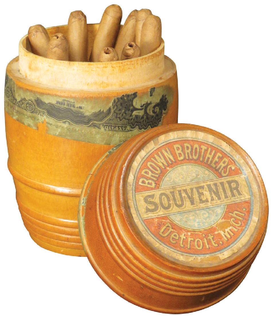 Brown Brothers Detroit Wood Cigar Barrel: Brown Brothers Detroit Souvenir Wood Cigar Barrel with original paper label on liD Tax stamps worn on sides. 5 3/4 inches tall. Cigars not includeD