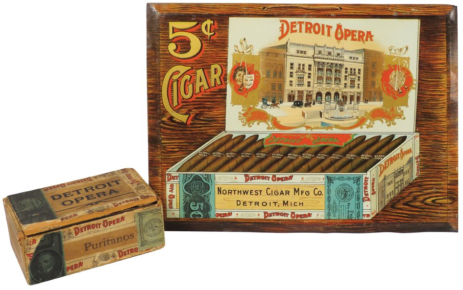 Detroit Opera Cigars Tin Sign and Box: Detroit Opera Cigars Self Framed Beveled Tin String Hanging Sign and Cigar Box. Northwest Cigar MfG Co. Detroit. Sign has light scratches and edgewear, box has minor paper loss. Sign measures 11 3/4 X
