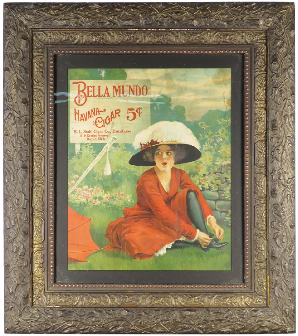 Bella Mundo Havana Cigar Sign: Bella Mundo Havana Cigar Sign in period gesso framE EL. Stahl Cigar Co. Distributors Detroit. Great color and graphics. Restoration repairs throughout. 22 1/2 X 25 1/2 inches overall.