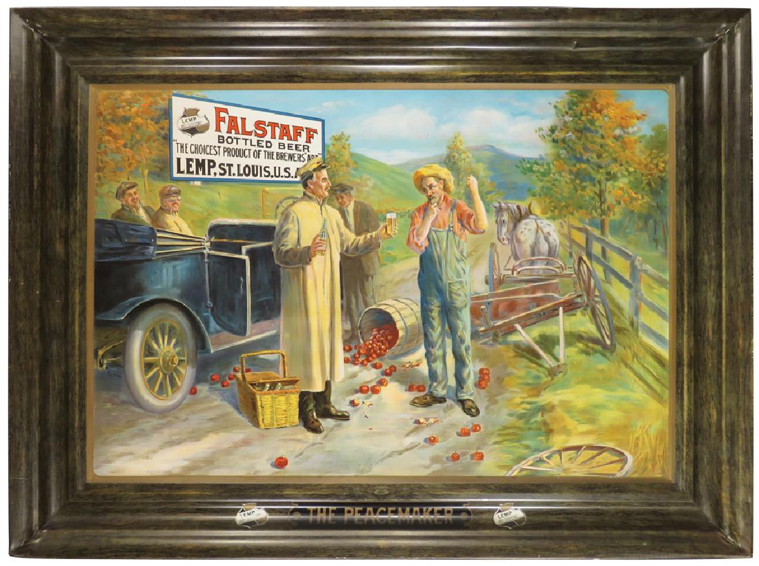 Falstaff Bottled Beer Self Framed Tin Sign: Falstaff Bottled Beer Self Framed Tin Sign. Entitled, "The Peacemaker". Very slight scratches mostly to perimeter frame otherwise near mint condition. 30 3/4 X 22 1/2 inches.