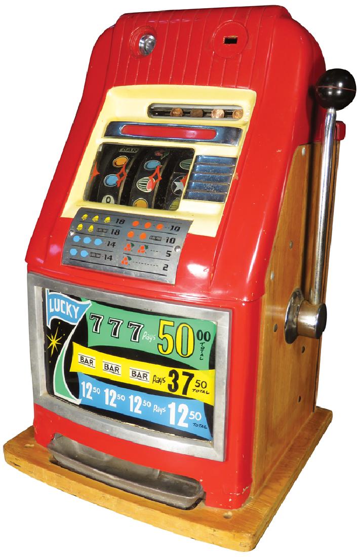 Mills Hi-Top Lucky 7 Electric Slot Machine: Mills Novelty Co. 1 Cent Red Hi-Top Lucky 7 Electric Slot MachinE Missing medallion in front, original working condition. No lock.