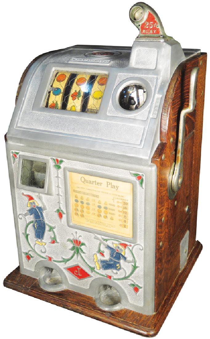 Jennings 25 Cent Jackpot Bell Slot Machine: Coin Operated Jennings 25 Cent Jackpot Bell Slot Machine, Dutch boy gooseneck, C 1929. Original condition, works but reels do not spin. Comes with key.