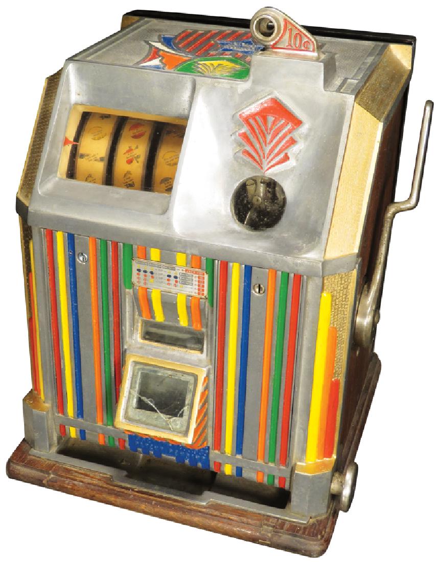 Jennings 10 Cent Star Brand Slot Machine: Jennings 10 Cent Star Brand Slot MachinE Original mech, newer paint with colorful stripes, non working condition. No lock.