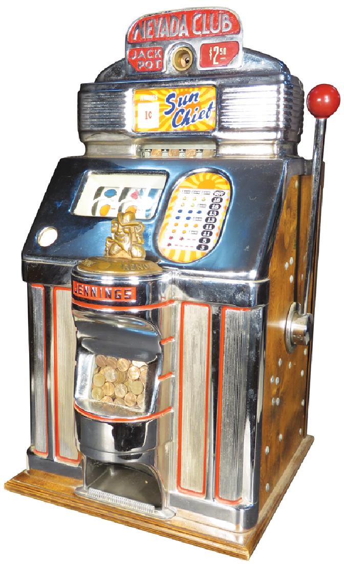 Jennings 1 Sun Chief Cent Slot Machine: Jennings 1 Cent Sun Chief for the Nevada Club Lake Tahoe Reno Slot MachinE Original condition, lever pulls but reels don't spin. Comes with key.