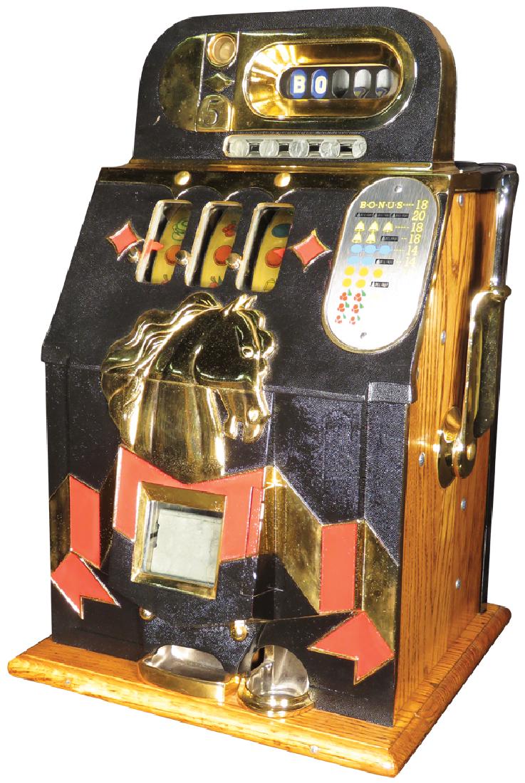 Mills 1937 Bonus Bell 5 Cent Slot Machine: Mills 1937 Bonus Bell 5 Cent Coin Operated Slot MachinE Horse front, 3 reel. Excellent condition, comes with key.