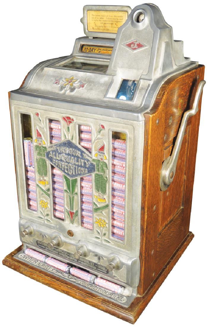 Jennings 5 Cent Mint Vendor Slot Machine: Coin Operated Jennings 5 Cent Mint Vendor Slot Machine with three reel with fortunE Original marquee, C 1928. Original working condition. Comes with keys.