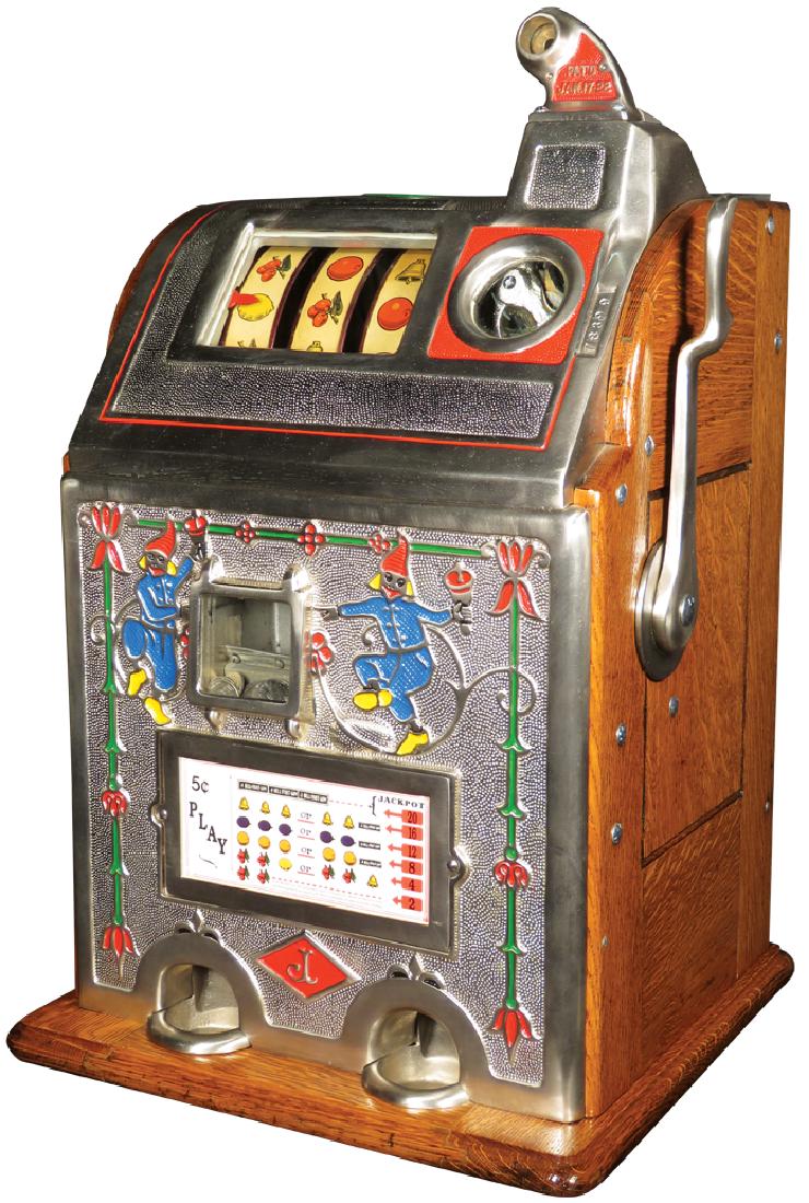 Jennings 1929 Jackpot Bell 5 Cent Slot Machine: Jennings 1929 Jackpot Bell 5 Cent Coin Operated Slot MachinE Dutch children motif, 3 reel. Excellent working condition, comes with key.