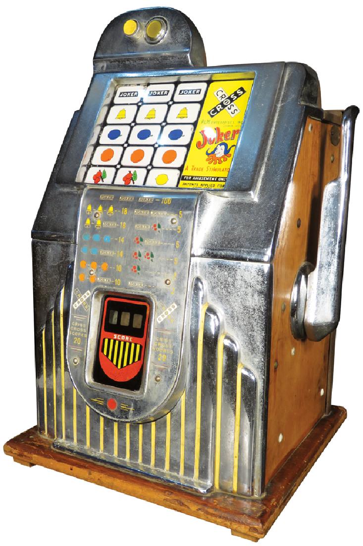 P & M Enterprises Criss Cross Slot Machine: P & M Enterprises Criss Cross Joker Slot Machine, CA 1954. 1957 Amusement License City of EriE Original non-working condition. Locked, no key.