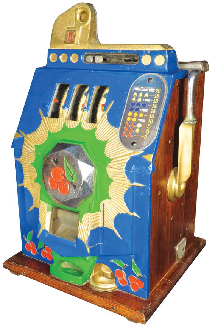 Mills 5 Cent Cherry Burst Slot Machine: Mills Novelty Co. 5 Cent Cherry Burst Slot MachinE Non-working condition. Unprofessional repaint, no back.