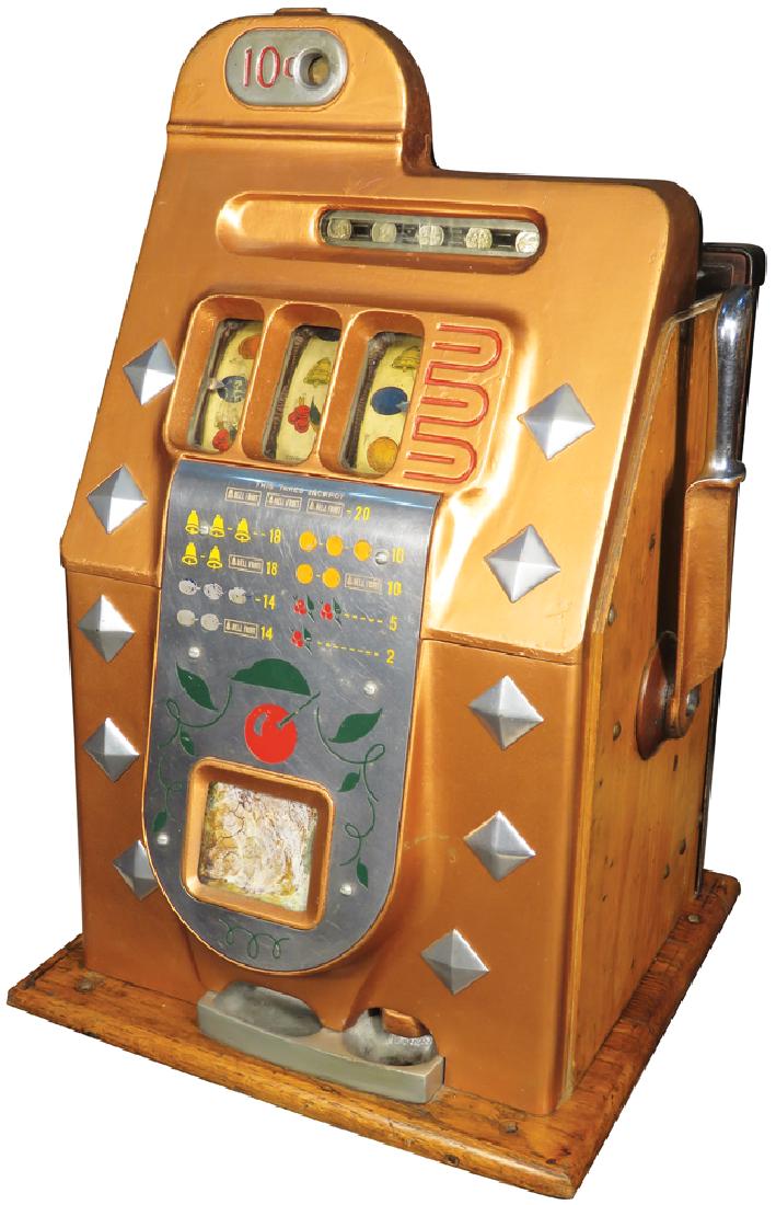 Mills 10 Cent Diamond Front Slot Machine: Mills Novelty Co. 10 Cent Diamond Front Slot MachinE Copper colored, original non-working condition. Comes with key.