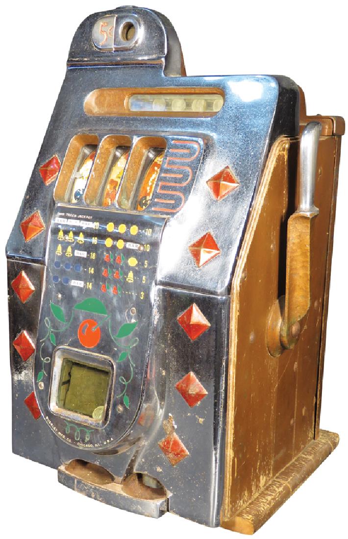 Mills 5 Cent Diamond Front Slot Machine: Mills Novelty Co. 5 Cent Diamond Front Slot MachinE Non-working original condition. Reel in poor condition. No lock, no key.